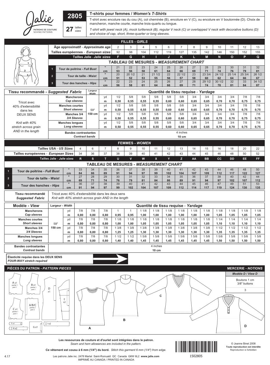 T-Shirt pour femmes et filles 2805 | Patron papier - Jalie
