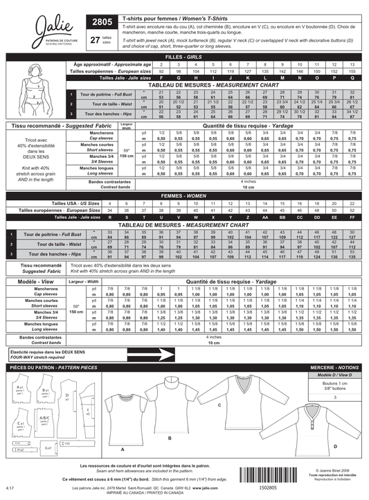 Women's and Girls' T-Shirt 2805 | Paper Pattern - Jalie