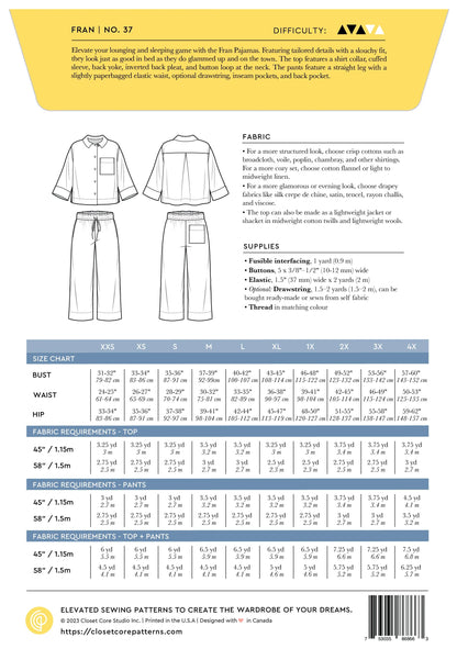 Pyjamas FRAN | Patron papier - Closet Core Patterns