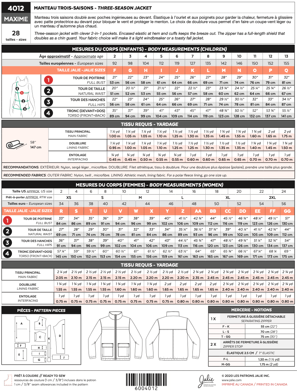 Three-season jacket - MAXIME - 4012 | Paper pattern - Jalie