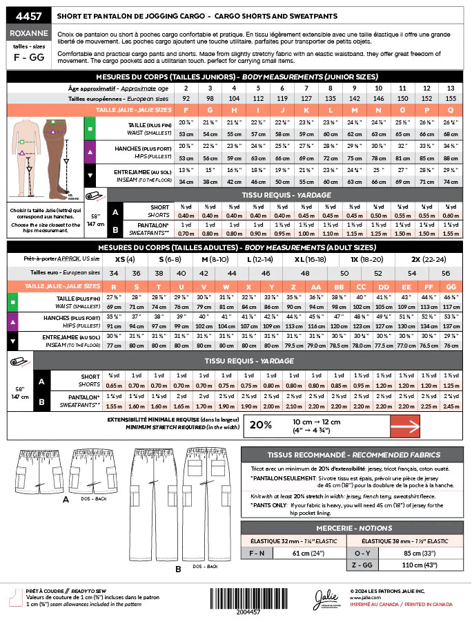 ROXANNE 4457 Cargo Jogging Shorts and Pants | Paper Pattern - Jalie