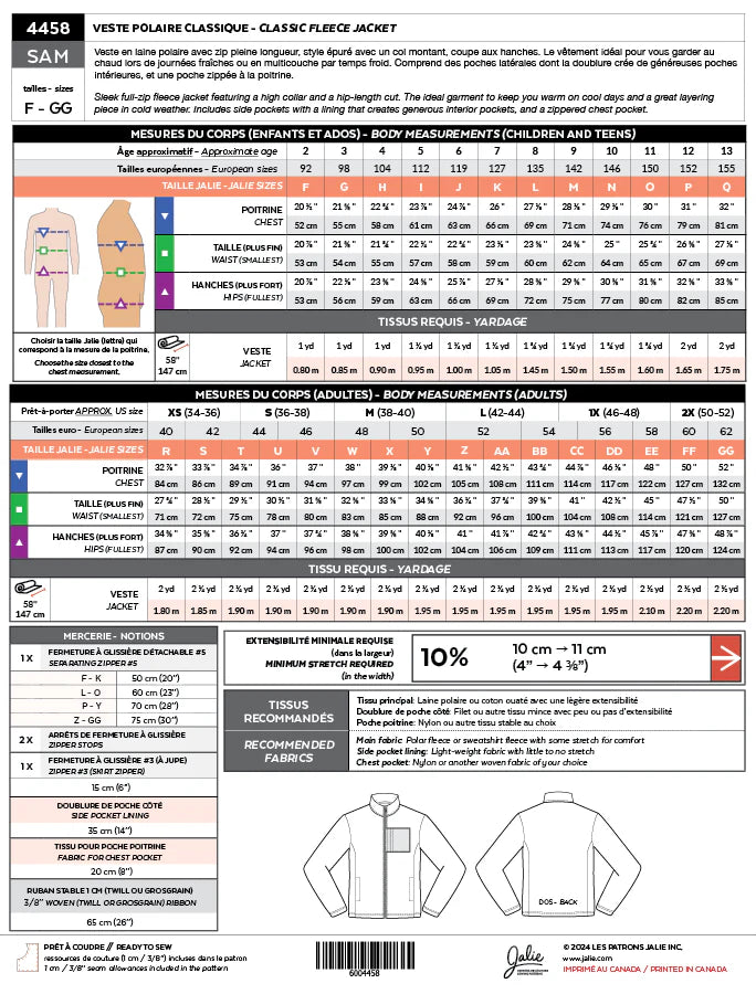 Classic Fleece Jacket SAM 4458 | Paper Pattern - Jalie