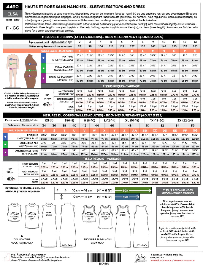 ELSA 4460 Sleeveless Tops and Dress | Paper Pattern - Jalie