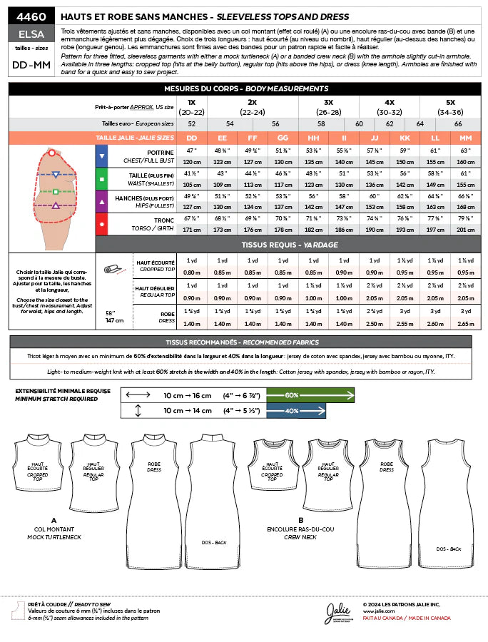 ELSA 4460 Sleeveless Tops and Dress | Paper Pattern - Jalie