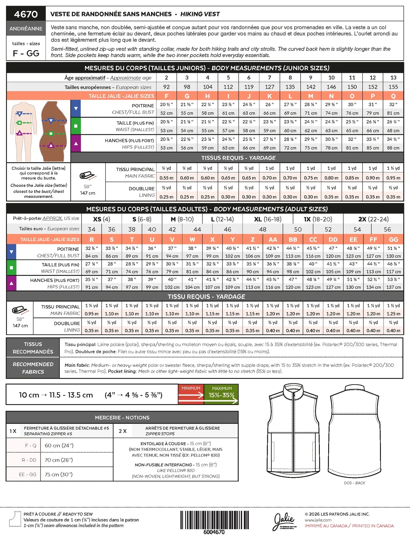 ANDRÉANNE 4670 Hiking Jacket | Paper Pattern - Jalie