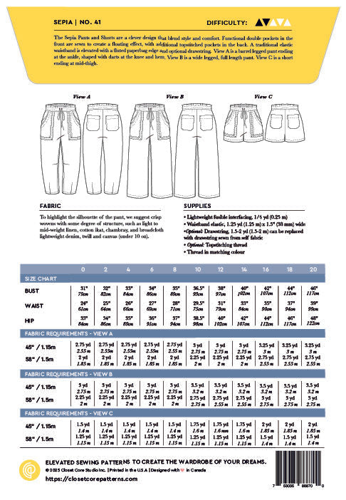 Patron de couture papier pour pantalon et short SEPIA | Closet Core Patterns