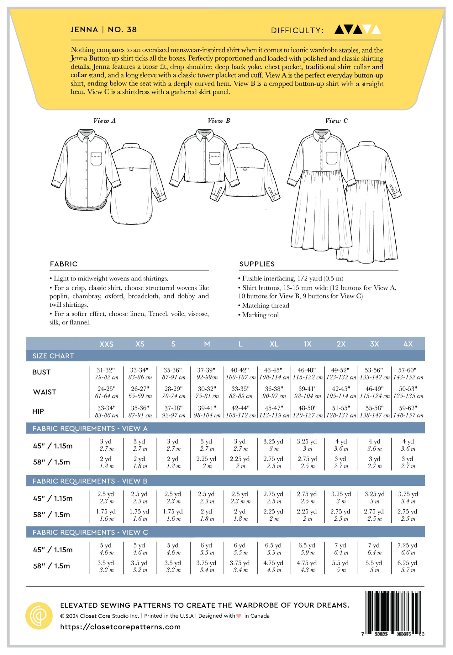 Patron de couture - Chemise et Robe-chemise JENNA | Patron papier - Closet Core Patterns