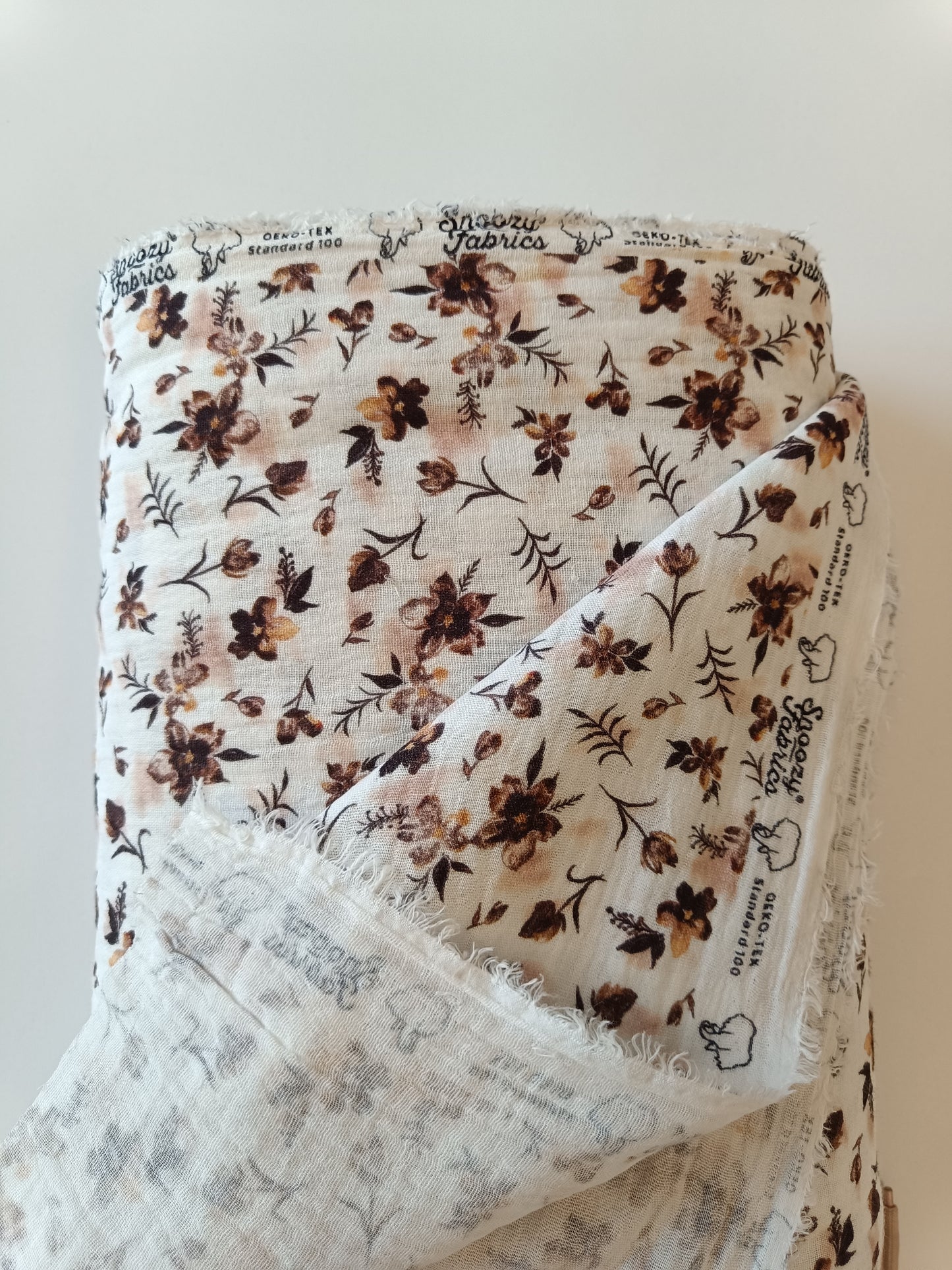 Coton double gaze - Blanc fleurs brunes
