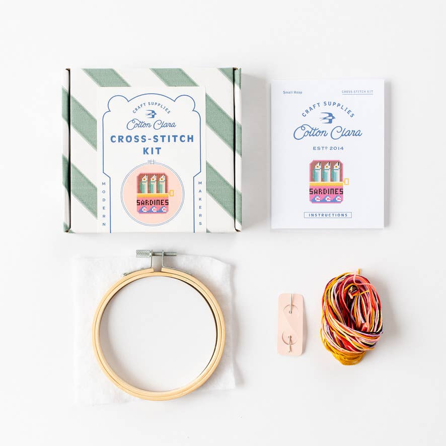 Sardine embroidery kit - Beginners, 11 cm hoop, marine kitchen gift