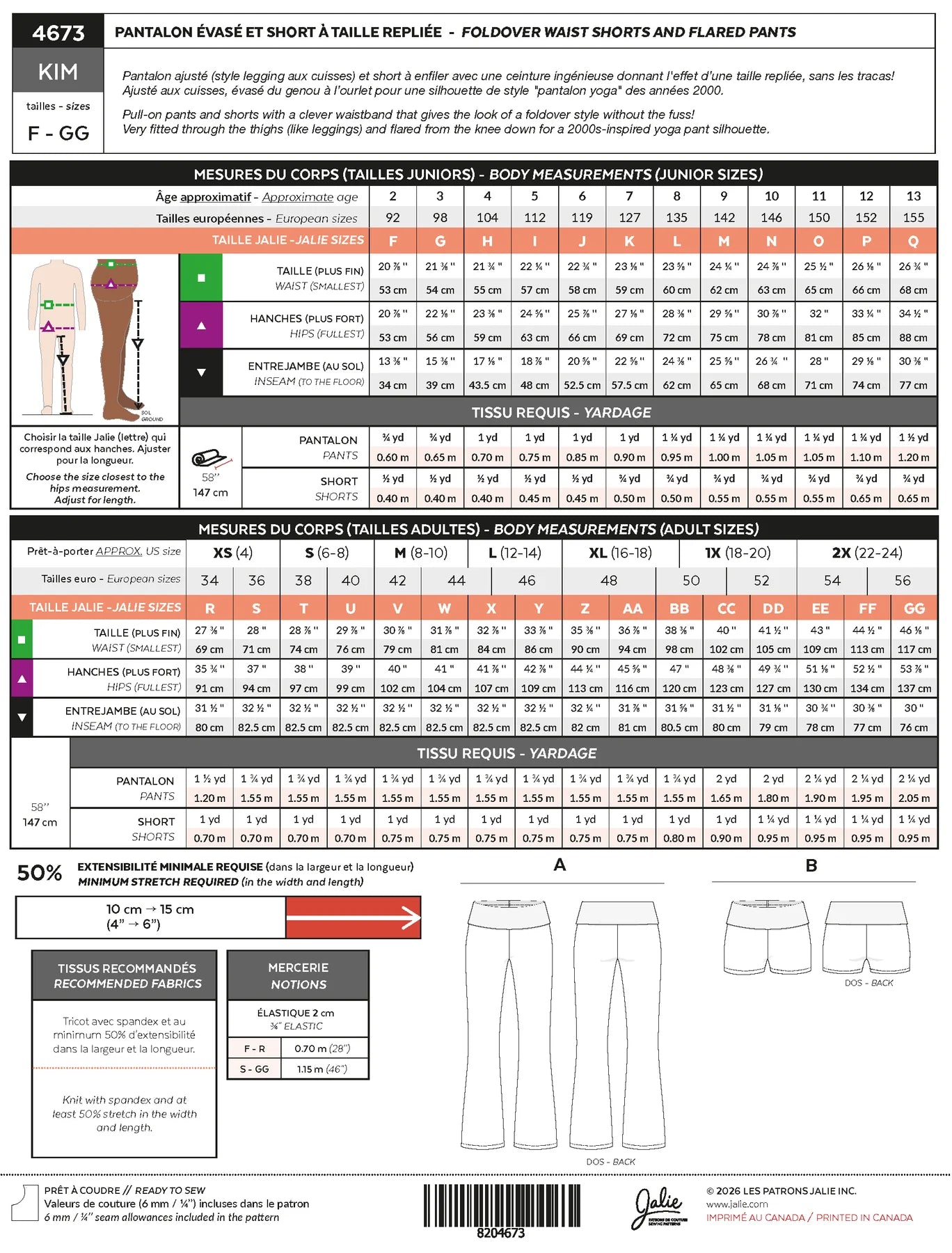 KIM 4673 Flared Pants & Fold-Over Shorts | Jalie Sewing Pattern