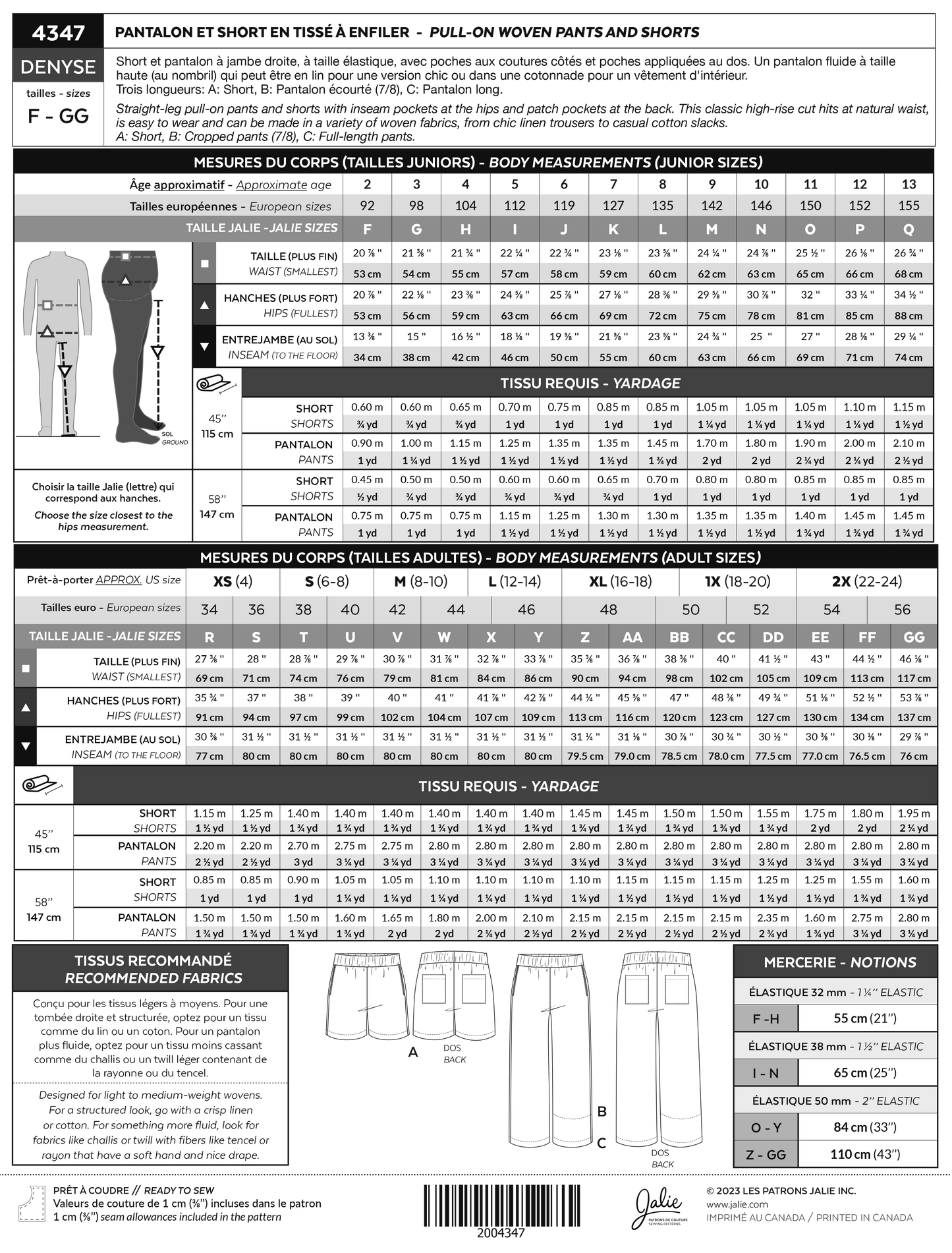 Pull-on woven pants and shorts - DENYSE - 4347 | Paper pattern - Jalie