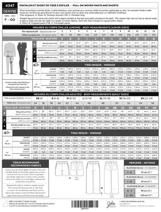 Pull-on woven pants and shorts - DENYSE - 4347 | Paper pattern - Jalie