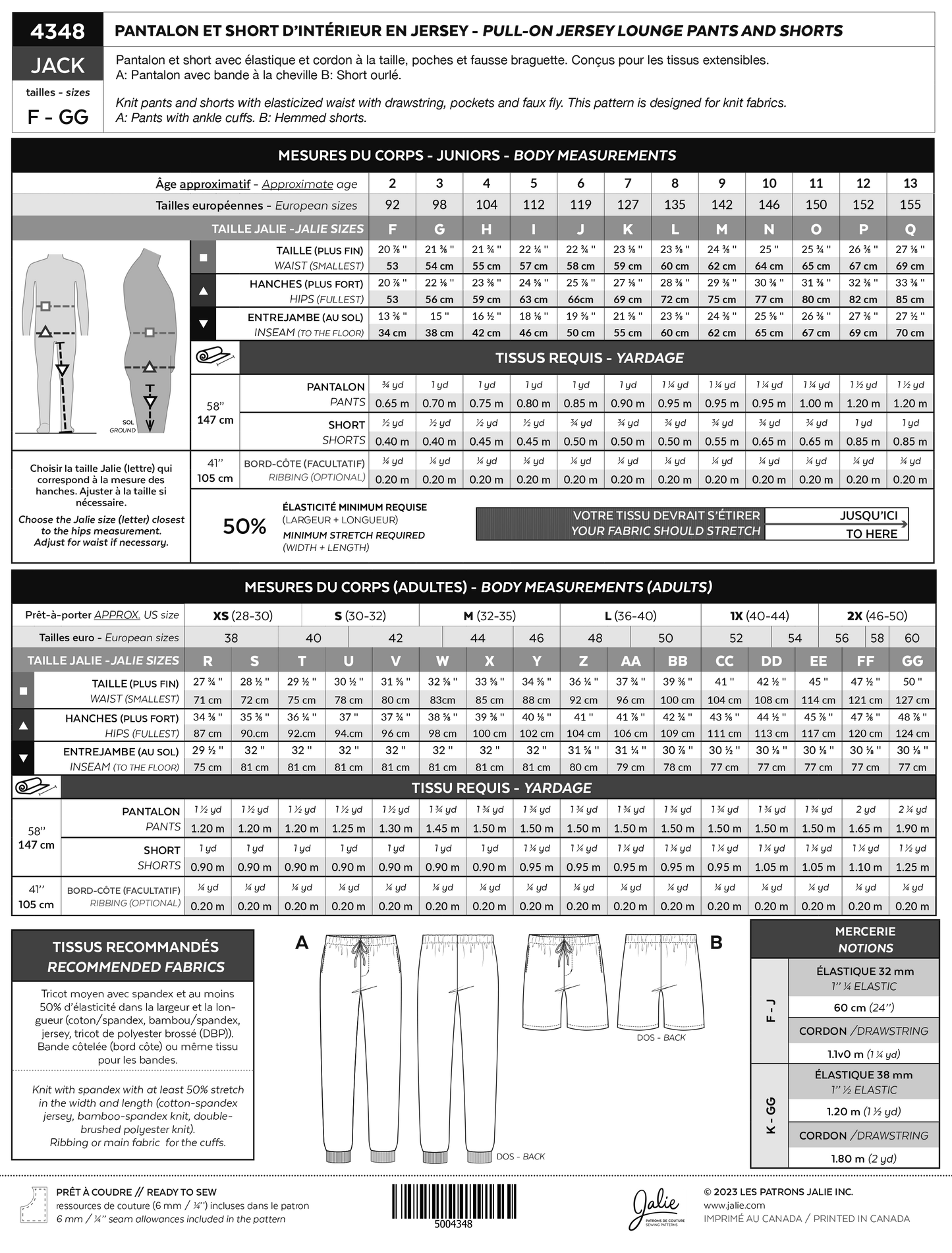 Jersey indoor pants and shorts - JACK - 4348 | Paper pattern - Jalie