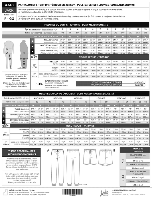 Jersey indoor pants and shorts - JACK - 4348 | Paper pattern - Jalie