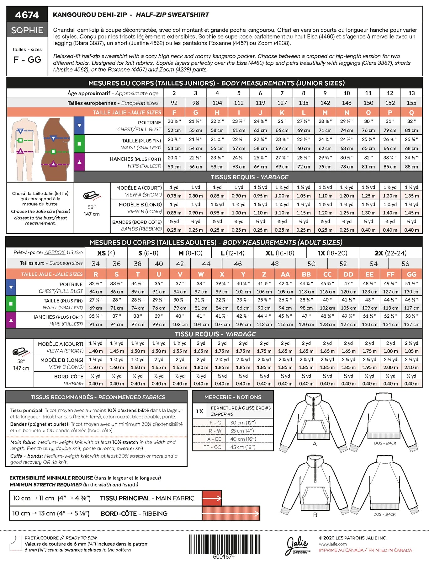 SOPHIE Half-Zip Sweatshirt 4674 | Paper pattern - Jalie