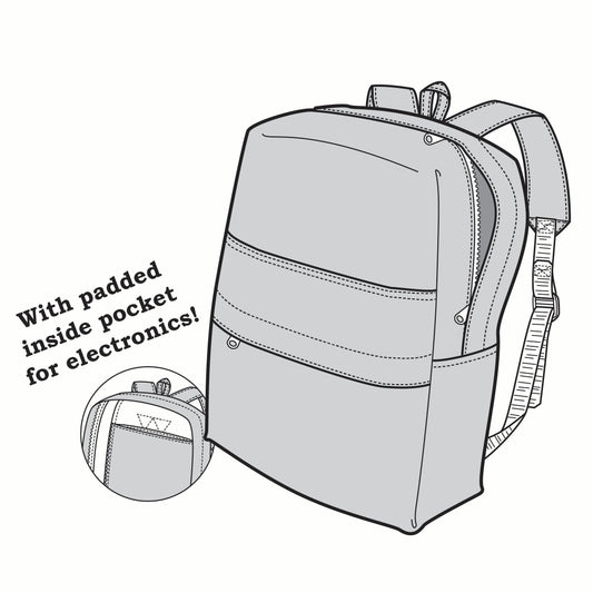 pen and ink drawing of a book bag with a set out of the inside pocket.