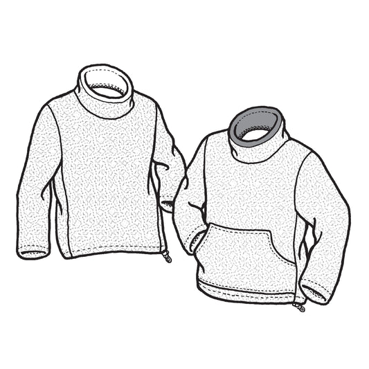 Pen and ink drawing of two polar sweaters with mock turtle necks. One has a front pocket