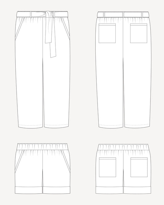 Line drawing of a pair of pants with a belt and front pockets on a white background. These pants are the Everett Pants & Shorts sewing pattern from Cashmerette.