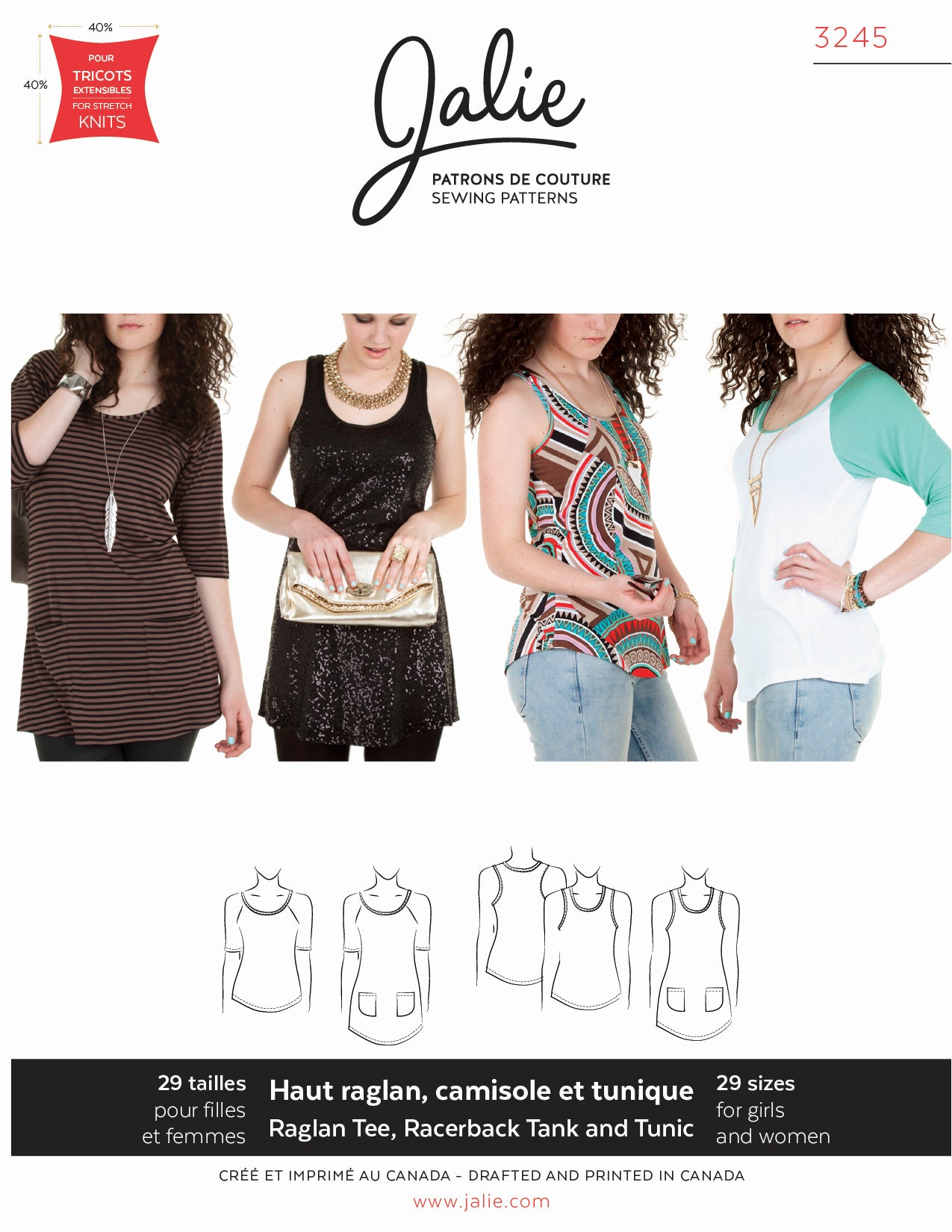 Raglan sleeve top, camisole and tunics 3245 | Paper pattern - Jalie