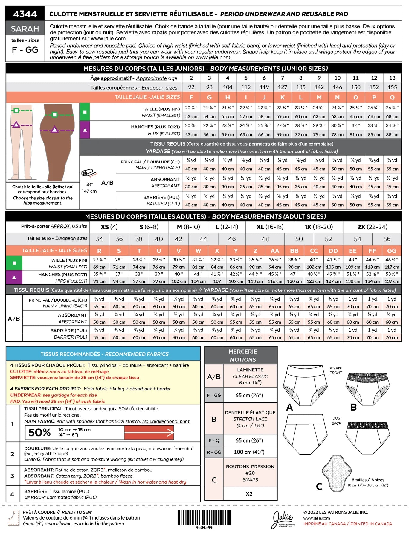 Patron pour culotte menstruelle et serviettes réutilisables Sarah 4344 | Patron papier - Jalie