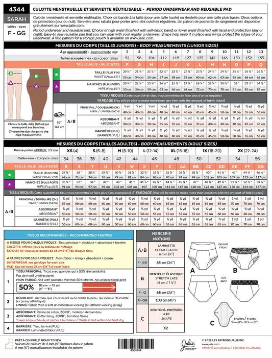 Patron pour culotte menstruelle et serviettes réutilisables Sarah 4344 | Patron papier - Jalie