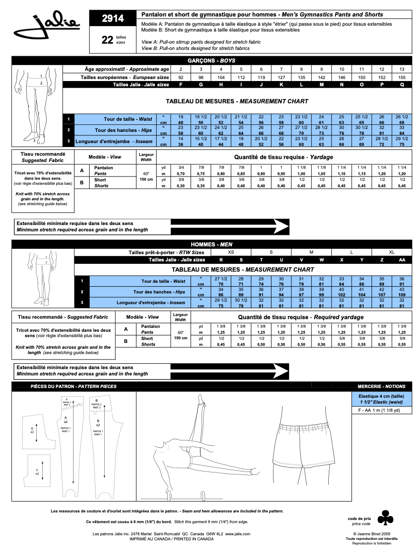 Pantalon et short de gymnastique 2914 | Patron papier - Jalie