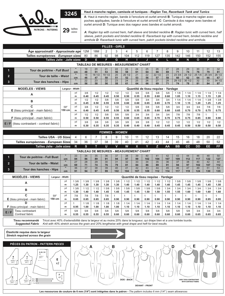 Haut à manche raglan, camisole et tuniques 3245 | Patron papier - Jalie