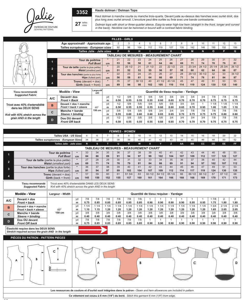 Tops Dolman 3352 | Paper pattern - Jalie