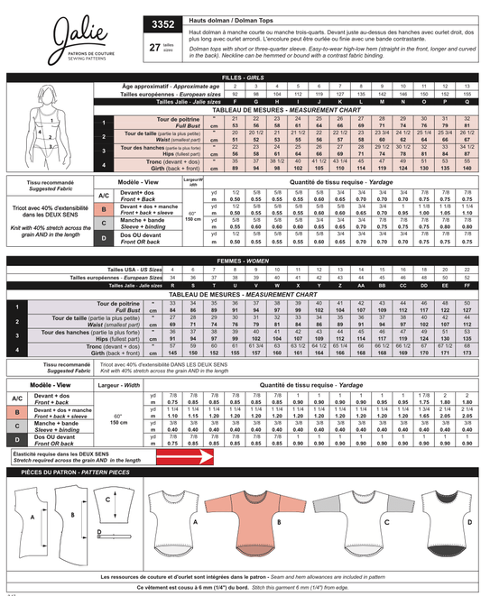 Tops Dolman 3352 | Paper pattern - Jalie
