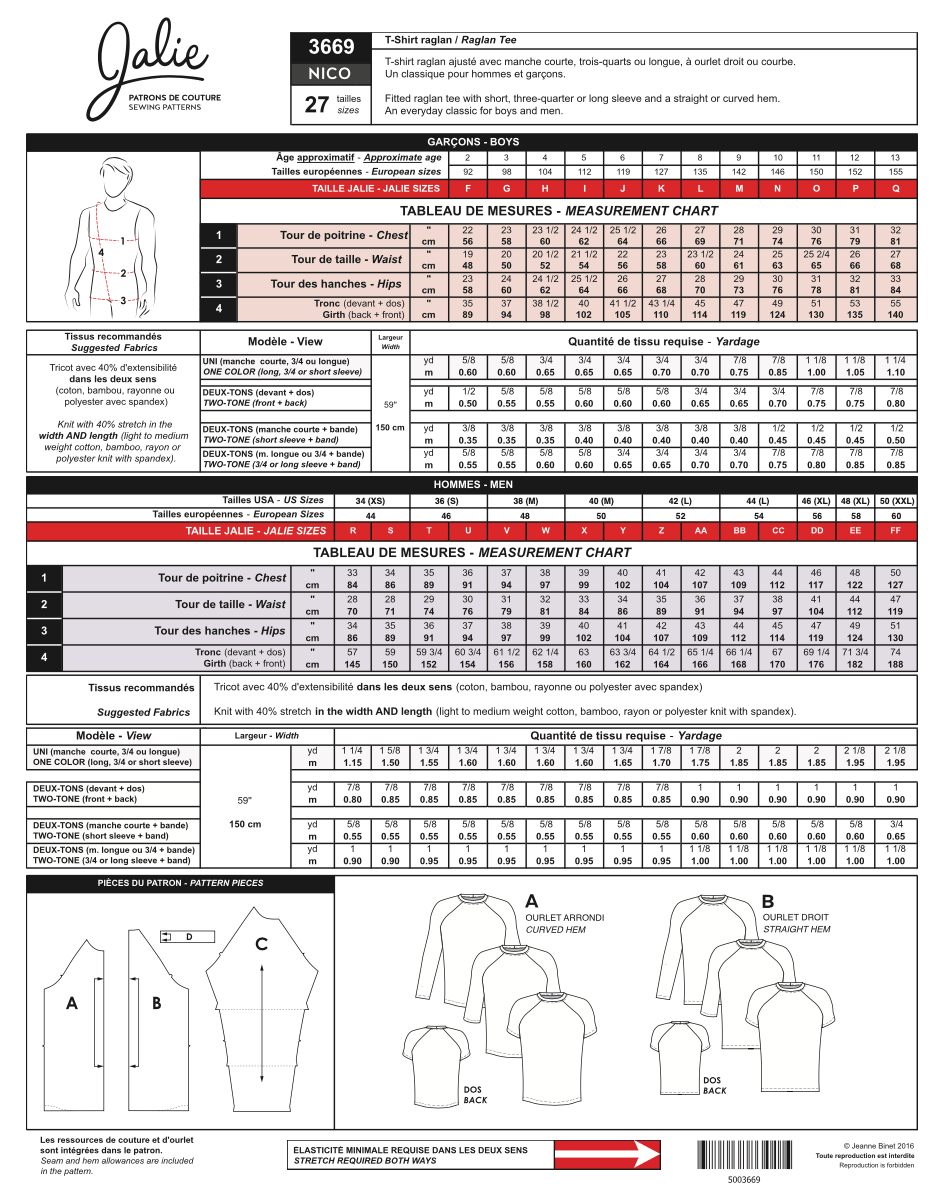 Patron de couture pour Chandail raglan NICO 3669 | Patron papier - Jalie