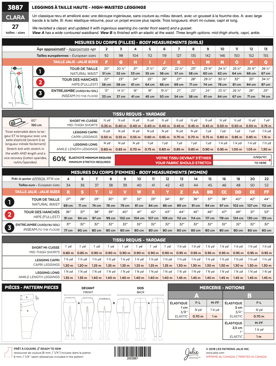 High-waisted leggings CLARA 3887 | Paper pattern - Jalie