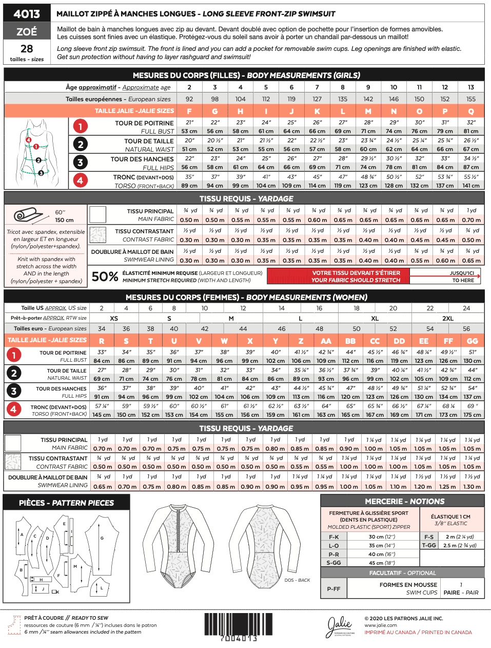 ZOE 4013 long-sleeved zipped jersey | Paper pattern - Jalie