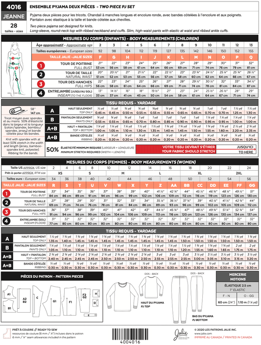 Two-piece knit pajamas JEANNE 4016 | Paper pattern - Jalie