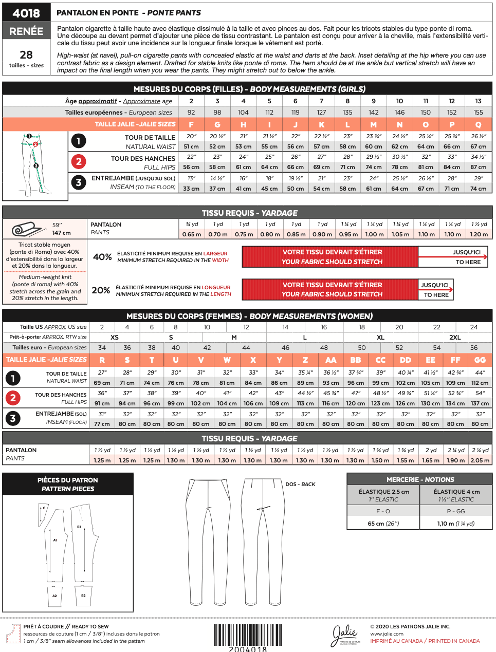 Ponte pants RENÉE 4018 | Paper pattern - Jalie