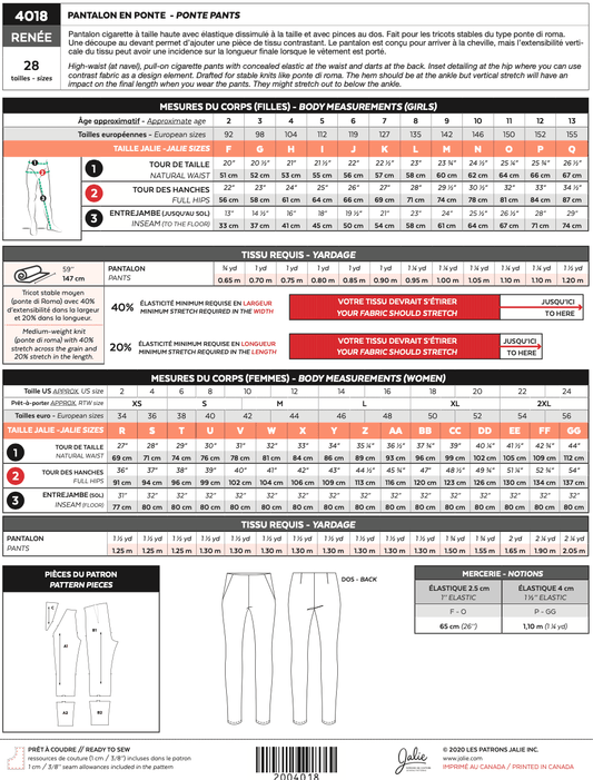 Ponte pants RENÉE 4018 | Paper pattern - Jalie