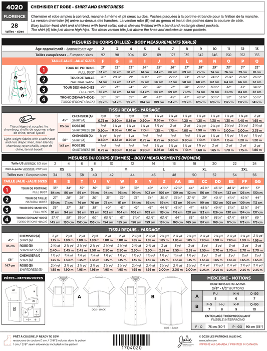Patron de couture - Chemisier et robe FLORENCE 4020 | Patron papier - Jalie