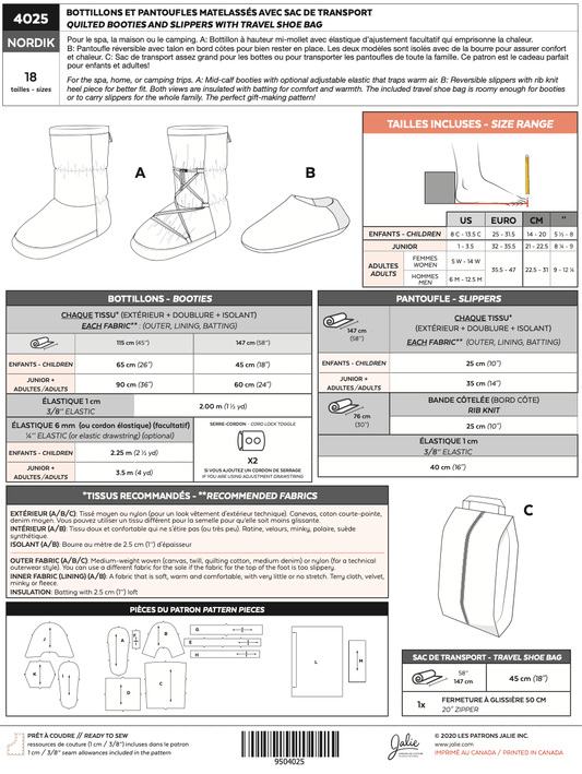 Paper pattern Quilted booties and slippers with carrying bag NORDIK 4025 | -Jalie