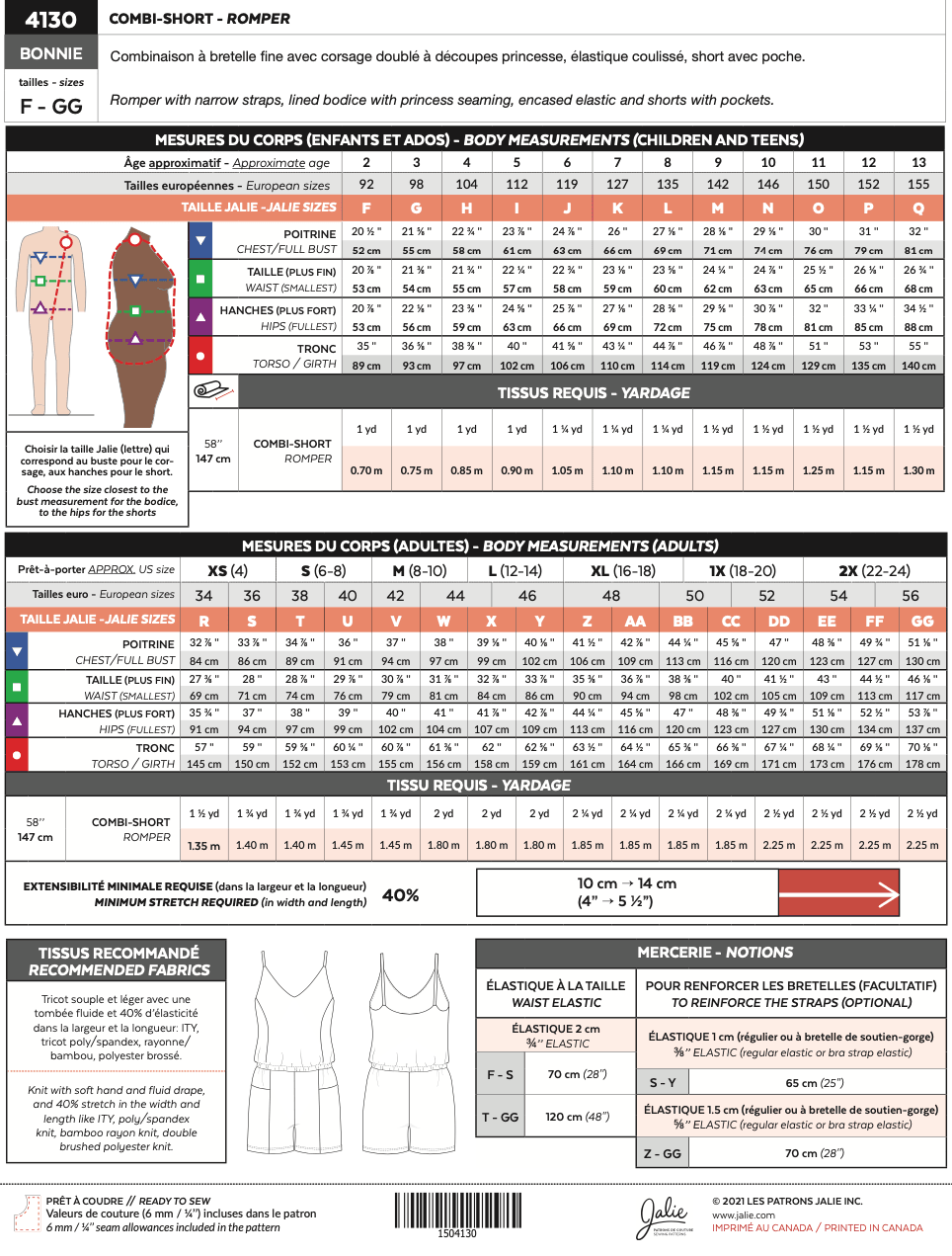 Patron de couture papier - Combi-short BONNIE 4130 - Jalie