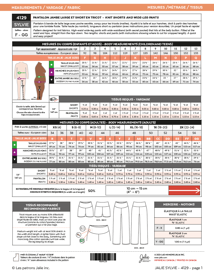 Wide leg pants and knit shorts SYLVIE 4129 | Paper pattern - Jalie