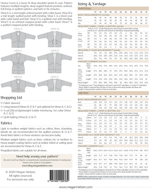 Hovea Curve jacket and coat - Paper pattern - MEGAN NIELSEN