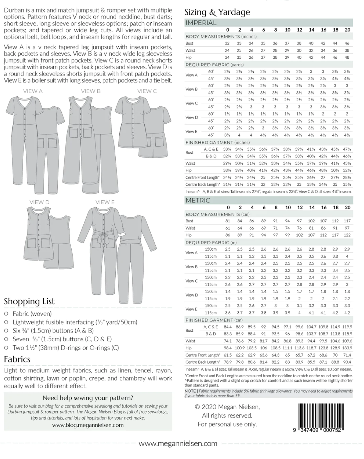 Paper sewing pattern - Durban Jumpsuits - MEGAN NIELSEN