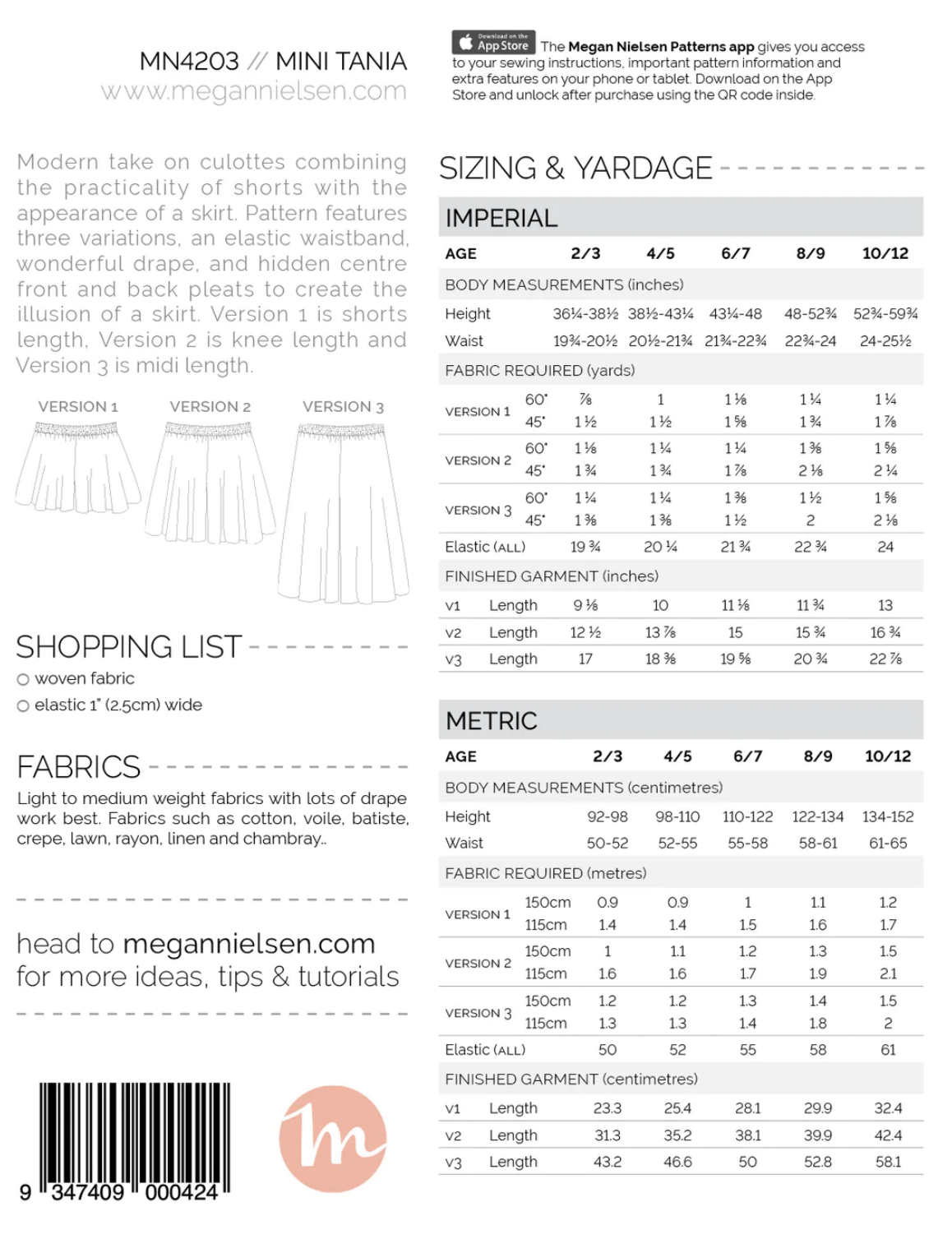 Mini Tania culottes - Paper pattern - MEGAN NIELSEN