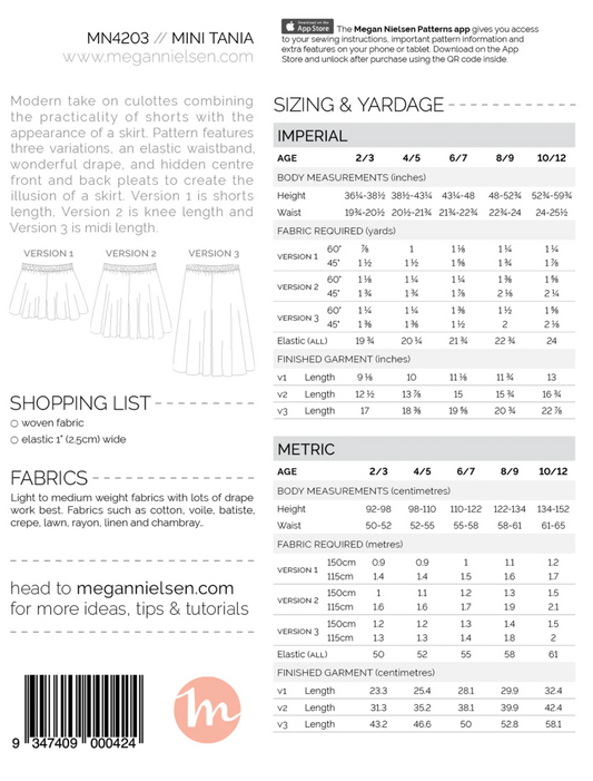 Mini Tania culottes - Paper pattern - MEGAN NIELSEN