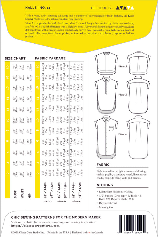Patron de couture - Chemise et Robe-Chemise KALLE | Patron papier - Closet Core Patterns