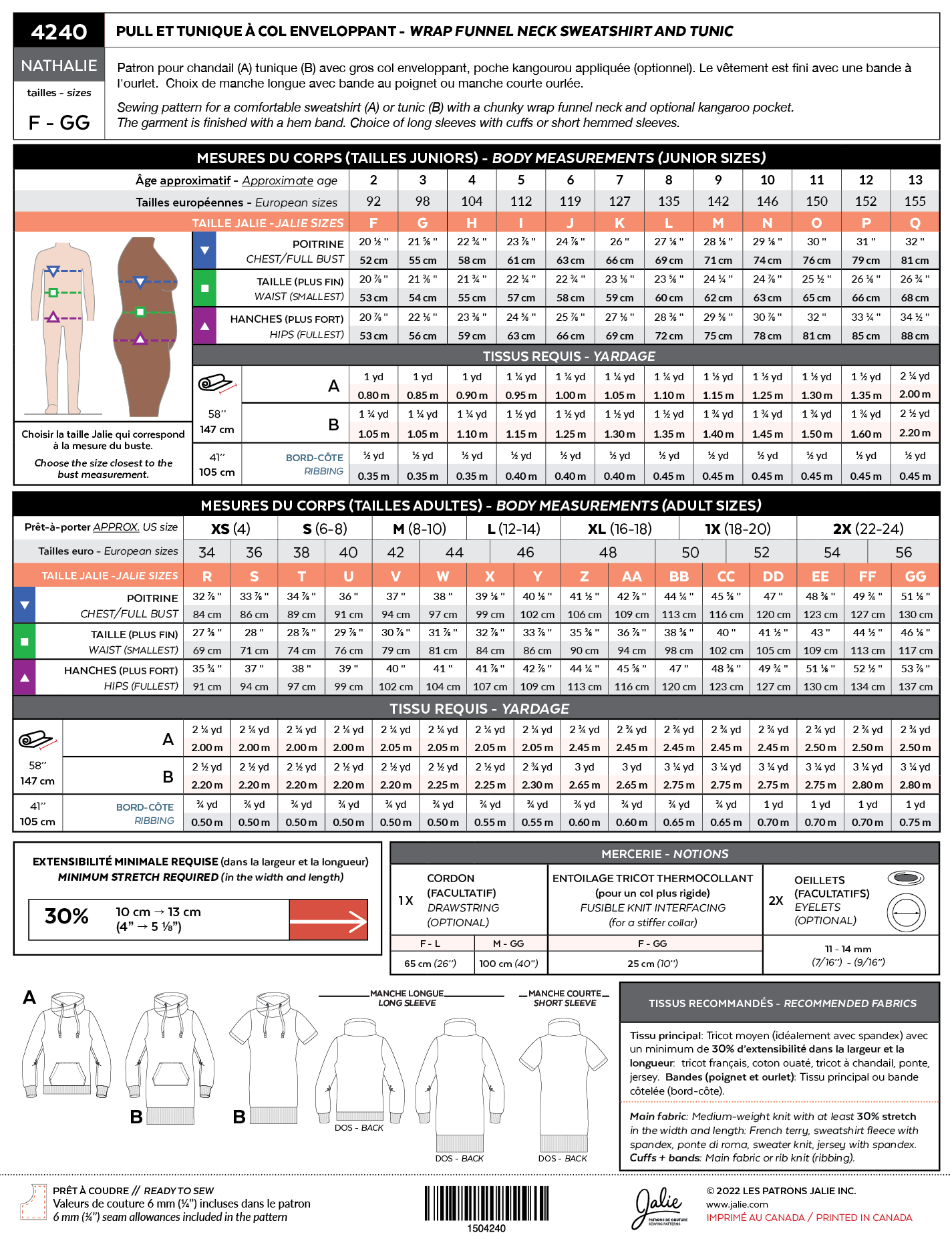 Sweater and tunic with wrap-around collar NATHALIE 4240 | Paper pattern - Jalie
