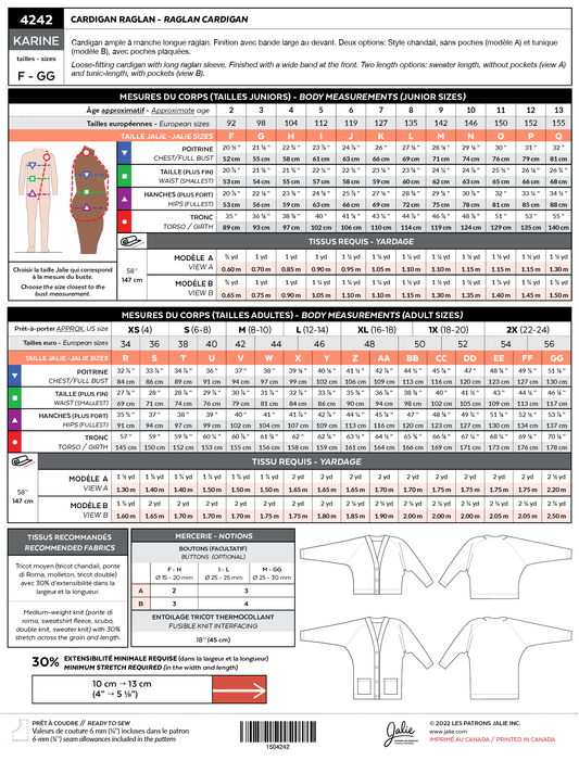 Sewing pattern Cardigan with raglan sleeves KARINE 4242 | Paper pattern - Jalie