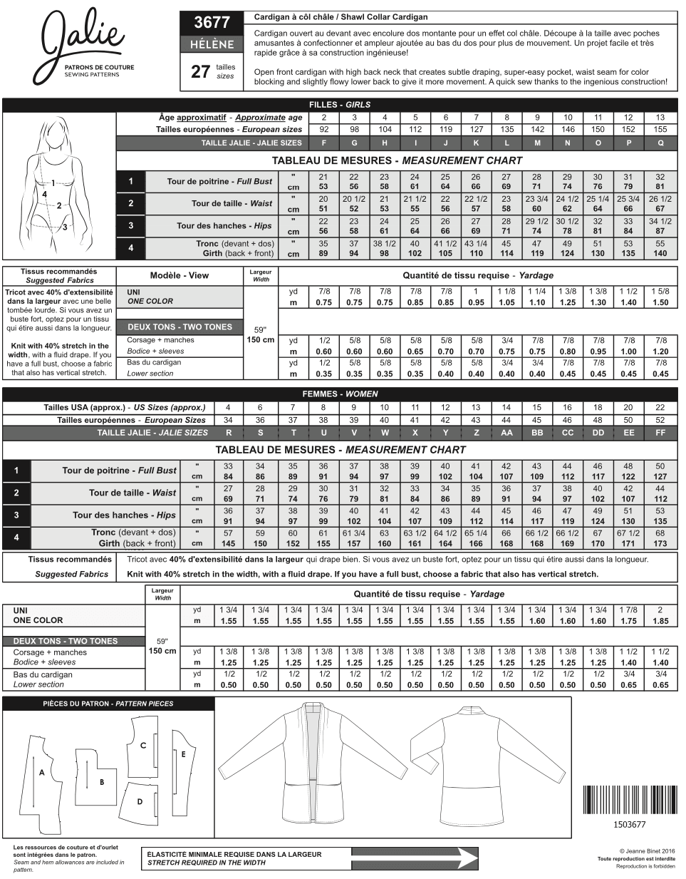 Cardigan à col châle HELENE 3677 | Patron papier - Jalie