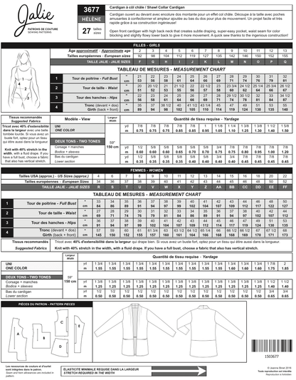 Cardigan à col châle HELENE 3677 | Patron papier - Jalie
