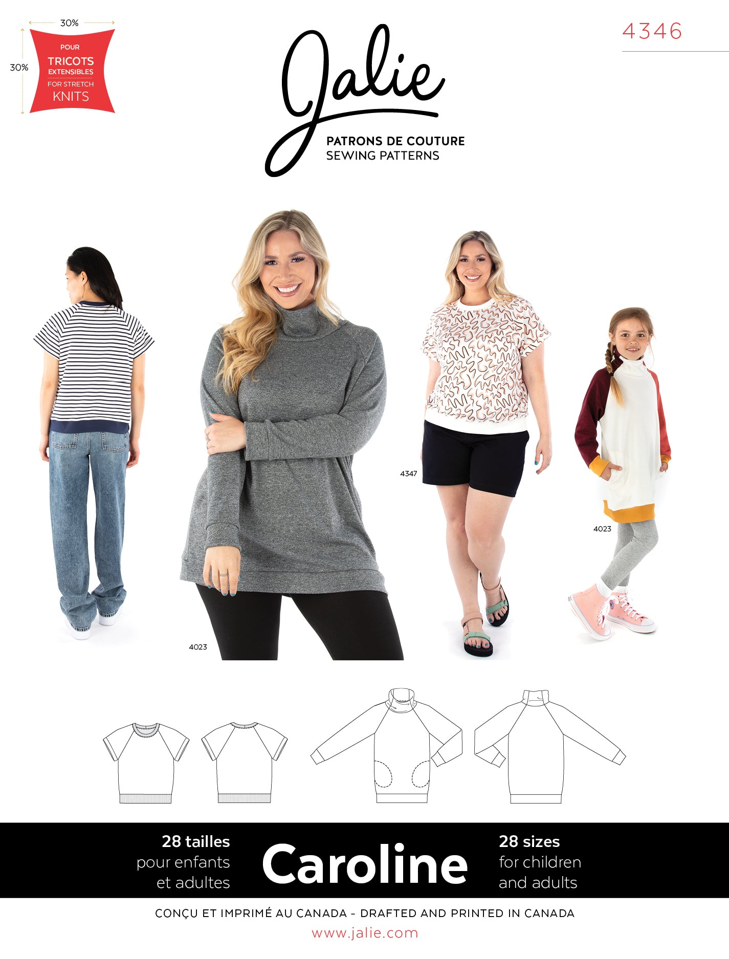 T-shirt and tunic with raglan sleeves - CAROLINE - 4346 | Paper pattern - Jalie 