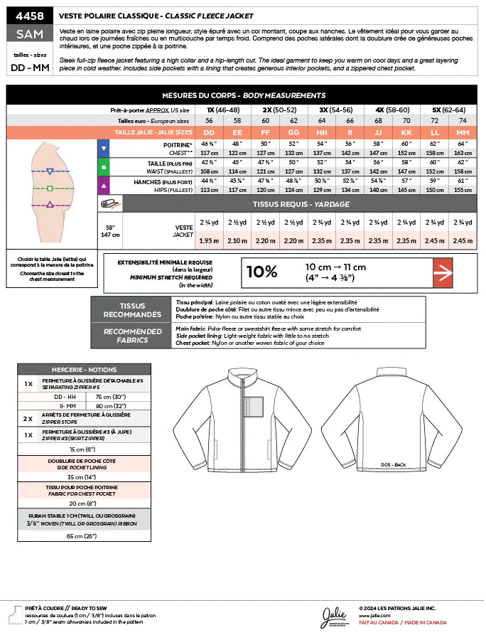 Veste polaire classique SAM 4458 | Patron papier - Jalie